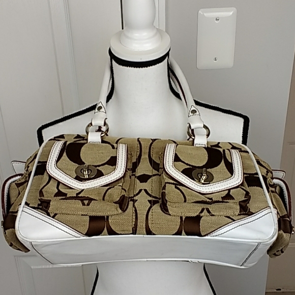 Coach Handbags - Coach Signature Jacquard Bag White Leather Trim